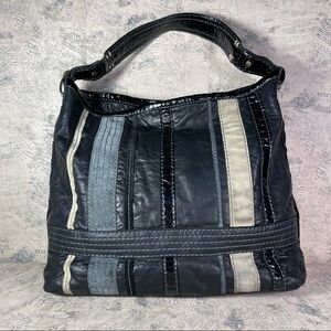 49 Square Miles mixed materials large tote bag. Black, blue and tan colors